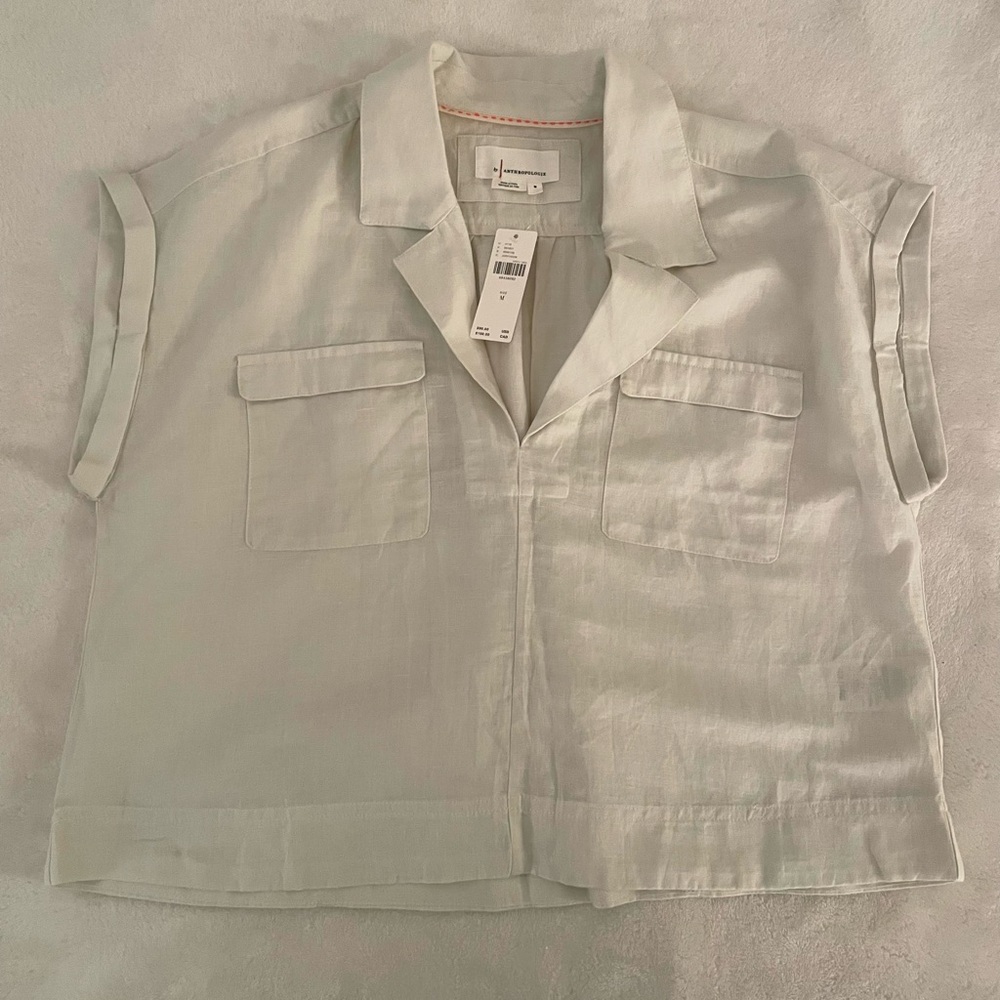 NWT Anthropologie Linen Utility Shirt Womens Size Medium Color Ivory - Picture 4 of 7